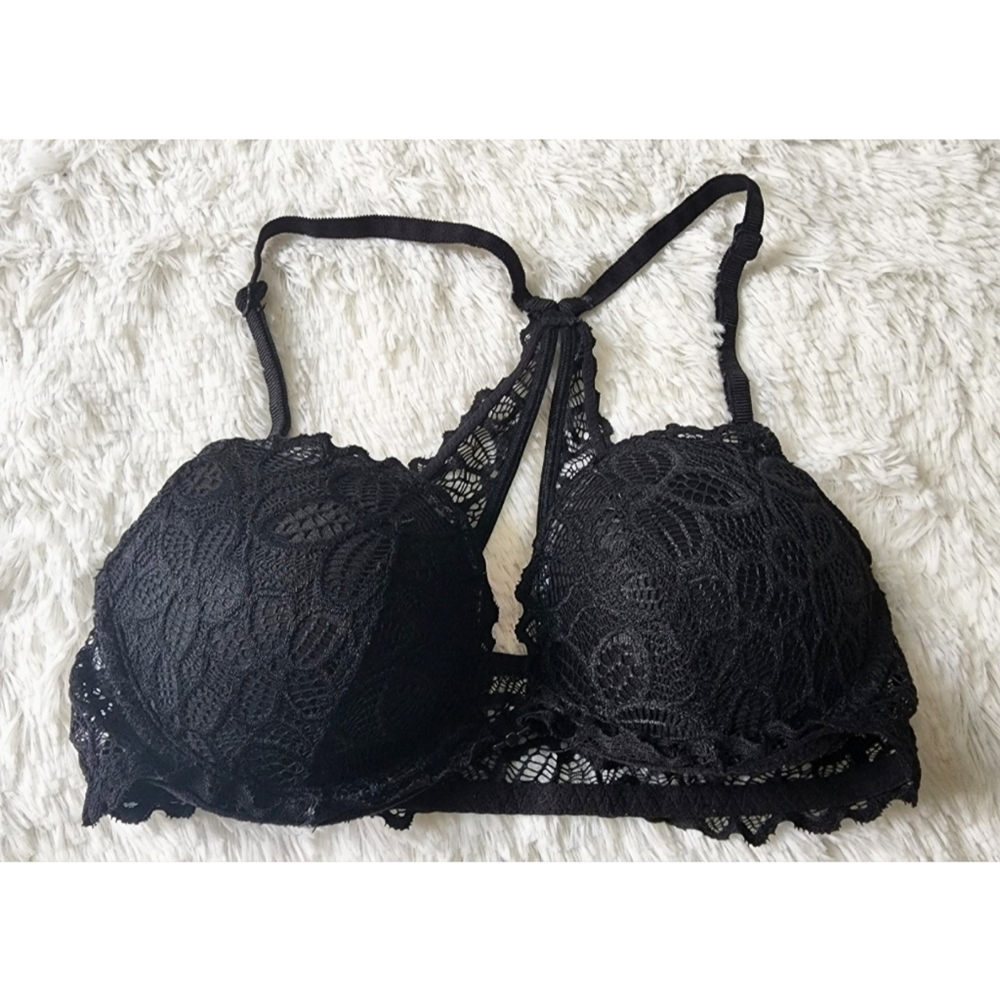Pink Victoria's secret Black lace racerback front clasp size 32C